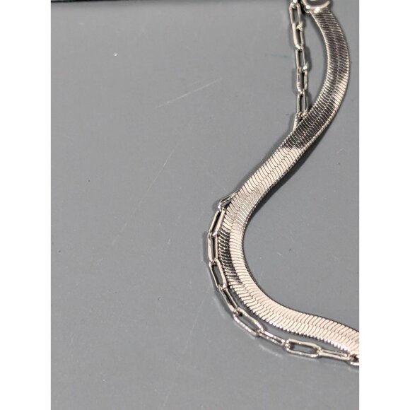 Silver Tone Herringbone Chain Layered Dainty Cross Charm Necklace 16 in - Picture 5 of 7